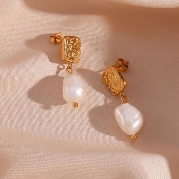 Gold Square Stud Fresh Water Pearl Drop Earrings, NICE EARRINGS, CUTE EARRINGS - Picture 3 of 7